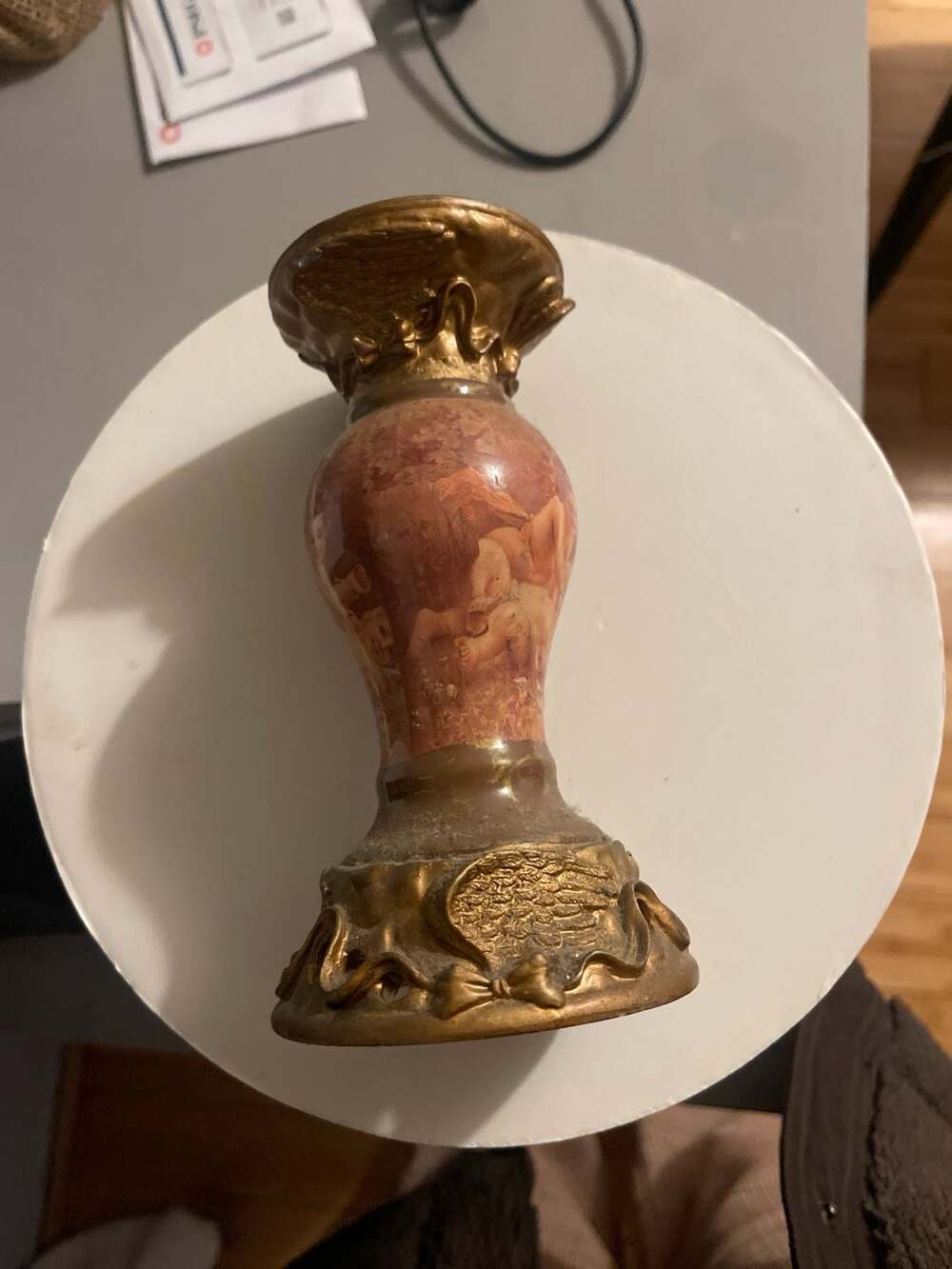 Victorian Style Cherub Candlestick Holder with Ribbon and Wing Brass Base